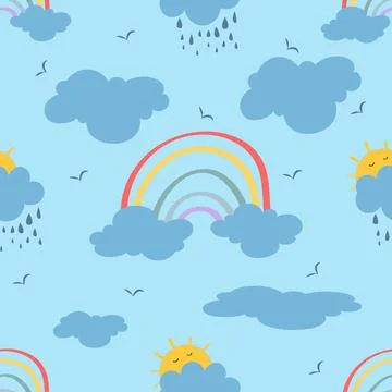 Cute clouds, sun, clouds, rainbow. Style cartoon, seamless Pattern. Vector il Illustrazione stock