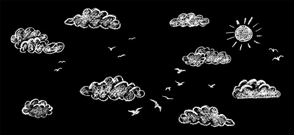 Cute cloudy sky with sun and silhouette of a flock of birds. Abstract navi Stock Illustration