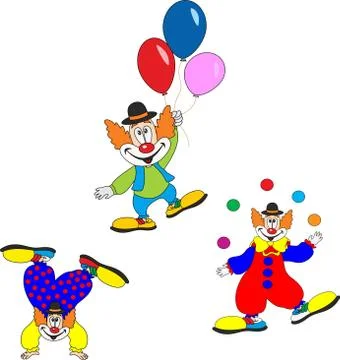 Cute clown character design set. Birthday or carnival party invitation. Stock Illustration