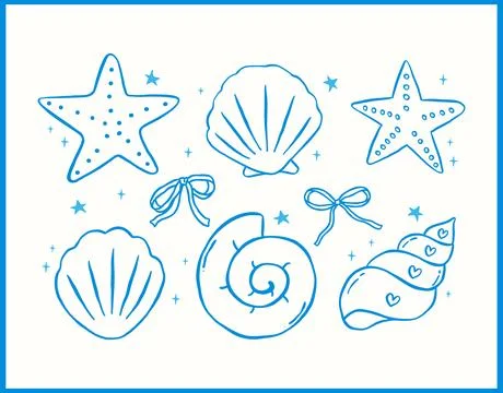 Cute Coastal Beach Seashell and Bow Doodle, Hand Drawn Coastal Charm Stock Illustration