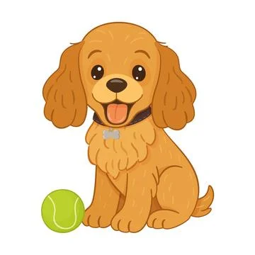 Cute cocker spaniel sits next to tennis ball. Flat style vector illustration. Stock Illustration