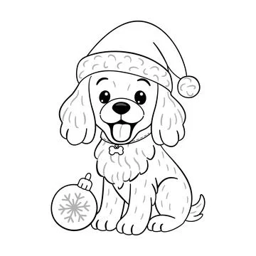Cute Cocker Spaniel sitting and wearing Santa hat, Doodle style Stock Illustration