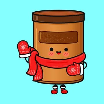 Cute cocoa can character waving in winter mittens Stock Illustration