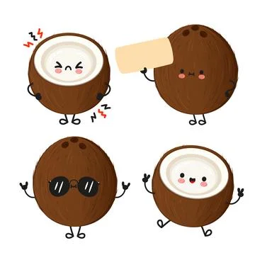 Cute coconut characters showing different emotions and poses Illustrazione stock