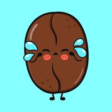 Cute coffee bean character crying with tears on a bright blue background. Illustrazione stock