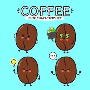 Cute coffee bean characters set with different emotions on a blue background. 스톡 일러스트