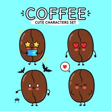 Cute Coffee Bean Characters Set 스톡 일러스트