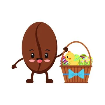 Cute coffee bean with easter backet with eggs and chick Stock Illustration