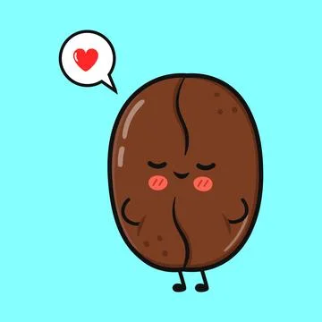 Cute coffee bean with a heart thought bubble on a bright blue background. Stock Illustration