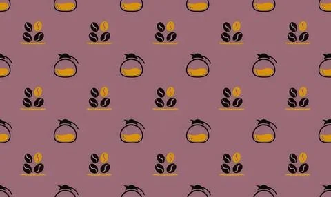 Cute coffee cup pattern with coffee beans and leaves in purple Stock Illustration