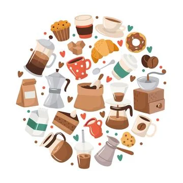Cute coffee elements, circular composition, vector illustration in flat style Stock Illustration