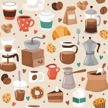 Cute coffee elements, seamless pattern, vector illustration in flat style Stock Illustration
