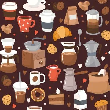 Cute coffee elements, seamless pattern, vector illustration in flat style Stock Illustration