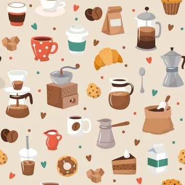 Cute coffee elements, seamless pattern, vector illustration in flat style Stock Illustration