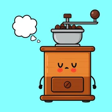 Cute coffee grinder character thinking with thought bubble Stock Illustration
