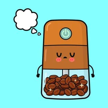 Cute coffee grinder character thinking with coffee beans inside Stock Illustration