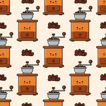 Cute coffee grinder characters with beans repeating pattern Stock Illustration