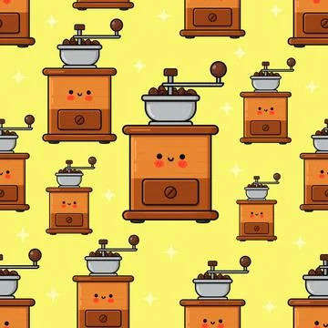 Cute coffee grinder pattern with happy faces and stars 库存插图
