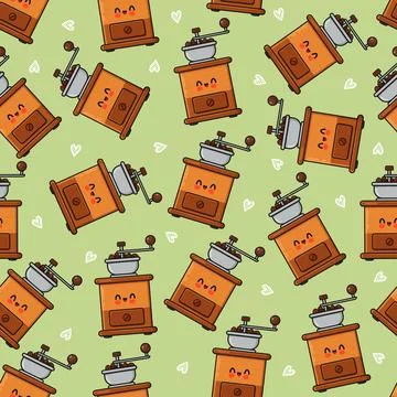 Cute coffee grinder seamless pattern with smiling faces Stock Illustration