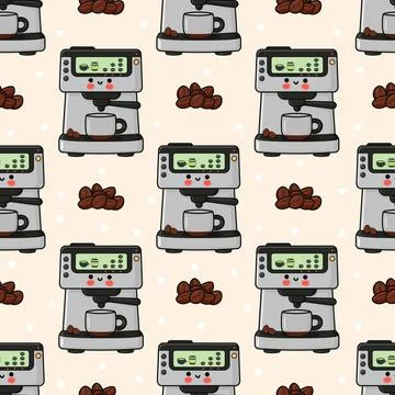 Cute coffee machine and bean seamless pattern Stock Illustration