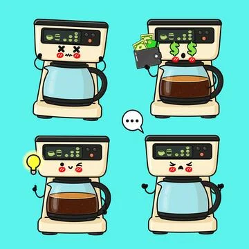 Cute coffee maker machine character expressions set Stock Illustration