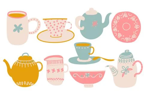 Cute Coffee or Tea Set, Design Elements with Teapot, Teacup, Saucer, Jug Milk 스톡 일러스트