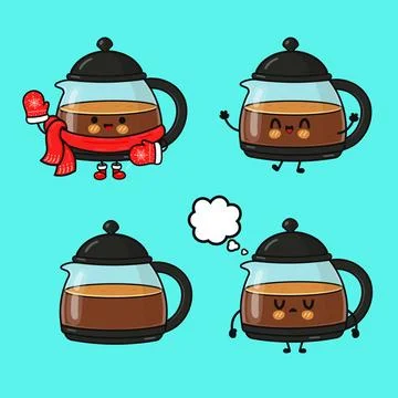 Cute coffee pot character experiencing different emotions Stock Illustration