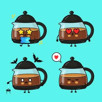 Cute coffee pot characters with different emotions 库存插图