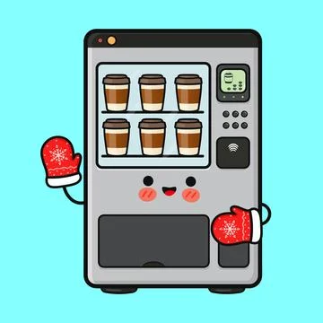 Cute coffee vending machine character with winter mittens Stock Illustration