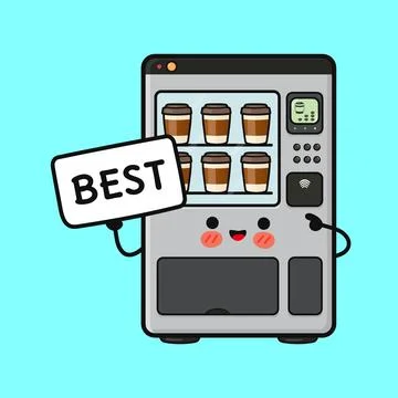 Cute coffee vending machine character holding best sign Stock Illustration