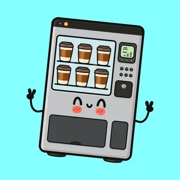 Cute coffee vending machine character waving peace signs Stock Illustration