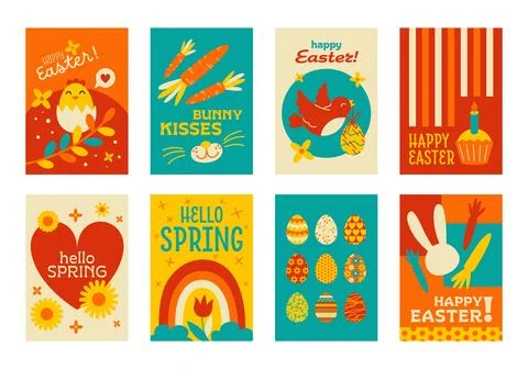 Cute collection of Easter cards and posters in flat style Stock Illustration