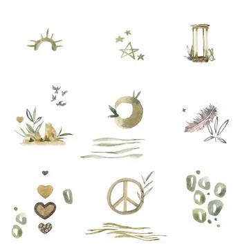 Cute Collection of peacful patterns. Geometric and peace gold decor elements Stock Illustration