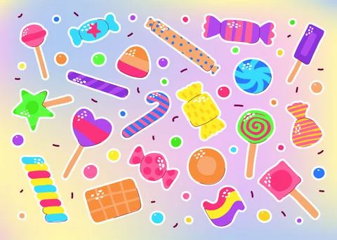 Cute colored candy, Chocolate, Caramel, Lollipops set Stock Illustration