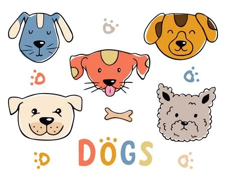 Cute colored dog faces in doodle style Stock Illustration