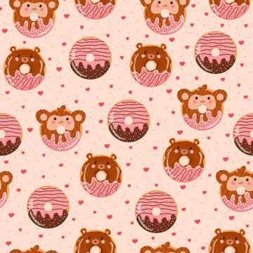 Cute colorful bear and monkey donuts seamless pattern for kids in cartoon sty Stock Illustration