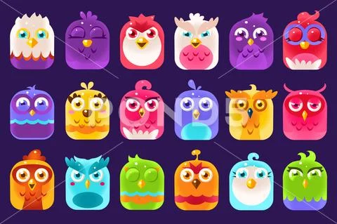 Cute Colorful Birds Sett With Different Emotions Vector Illustrations, Funny