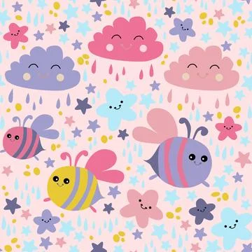 Cute colorful cloud smiling face seamless pattern background with bee. 스톡 일러스트