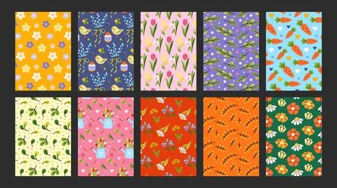 Cute colorful collection of seamless patterns in comic cartoon style. 库存插图