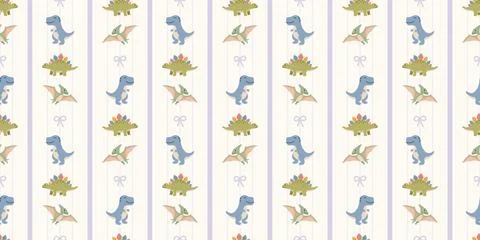 Cute colorful dinosaur pattern with stripes and bows in pastel colors Stock Illustration
