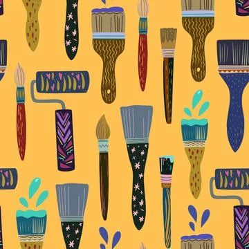 Cute colorful doodle hand drawn seamless pattern with paint brushes and rollers. Stock Illustration