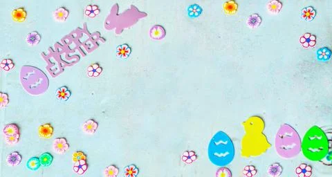 Cute colorful Easter background with available copy space. Stock Photos