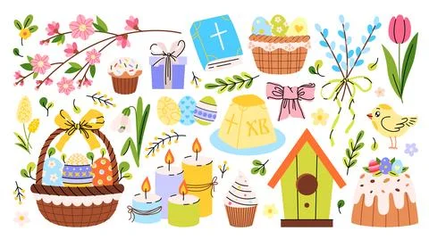 Cute colorful Easter set of illustrations and stickers. Stock Illustration