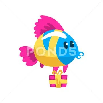 Cute colorful fish with gift box, little sea creature character, marine theme Stock Illustration