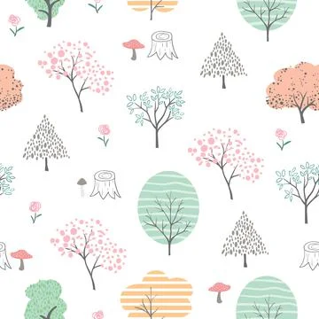 Cute colorful forest seamless pattern,hand drawn cartoon isolated on white ba Stock Illustration