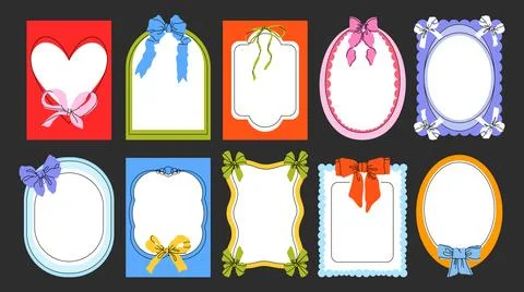 Cute colorful lace wavy frames decorated with bows and ribbons. Ilustração Stock