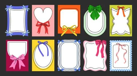 Cute colorful lace wavy frames decorated with bows and ribbons. 库存插图