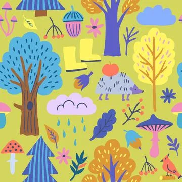 Cute colorful modern seamless pattern with autumn forest elements. 스톡 일러스트
