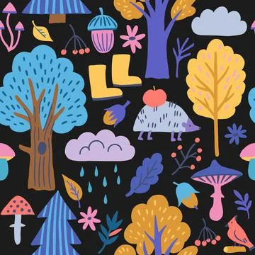 Cute colorful modern seamless pattern with autumn forest elements. Stockillustratie