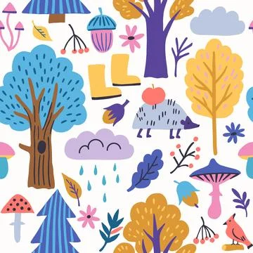 Cute colorful modern seamless pattern with autumn forest elements. Stock Illustration